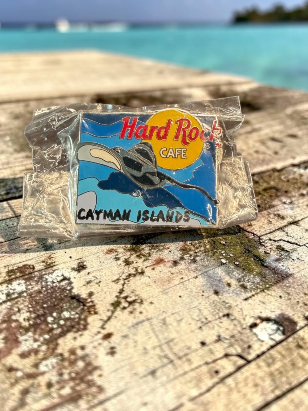 Vintage Hard Rock Cafe Pin-Back Cayman Islands Manta Ray Blue Rectangle